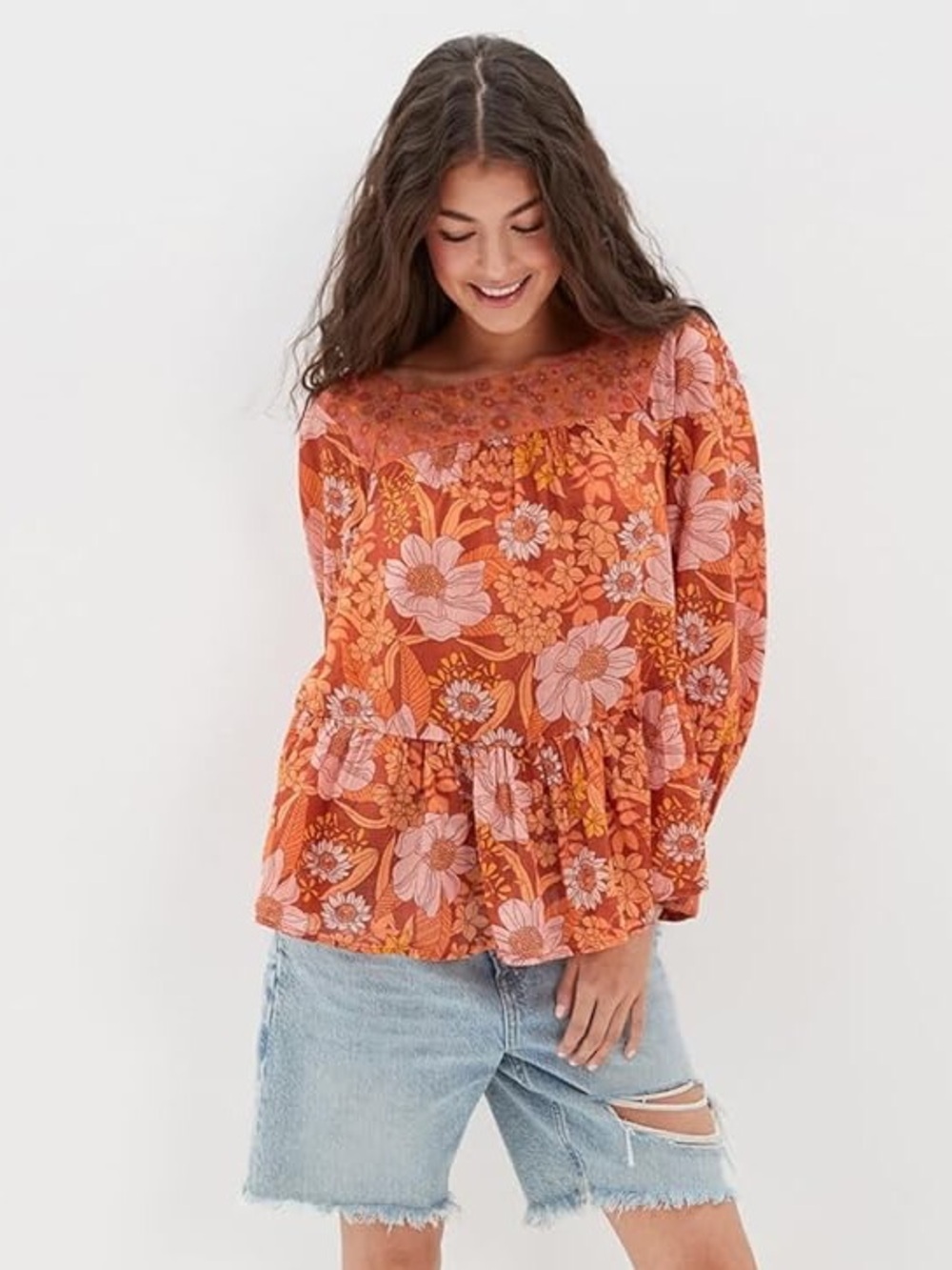 AE Retro 70s Orange Floral Boho Peasant Top Square Neck Long Sleeve Oversized S